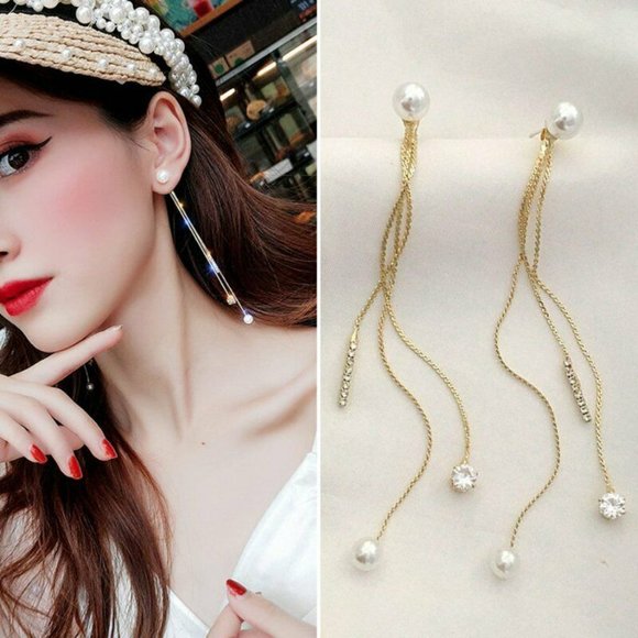 Modest Pearl Crystal Gold Dangle Drop Tassel Stud Earring Earrings Charm CZ - Picture 3 of 7